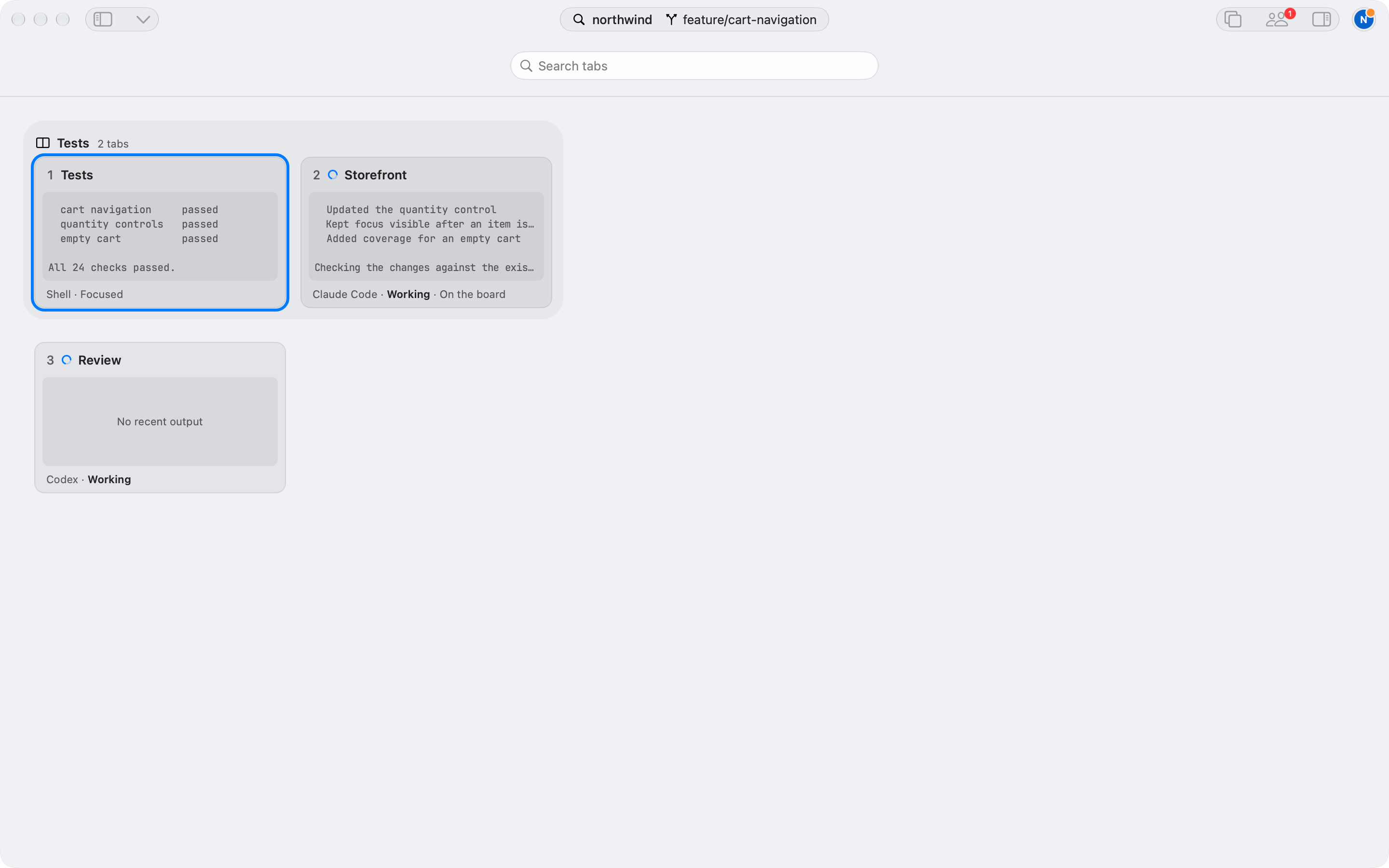 Tab Overview after quitting and reopening Brunvo, with Tests, Storefront, and Review back.